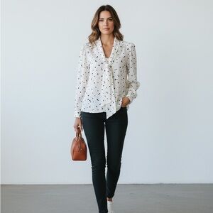 LOFT Polka Dot Tie Neck Button Accent Blouse White Black Long Sleeve XS